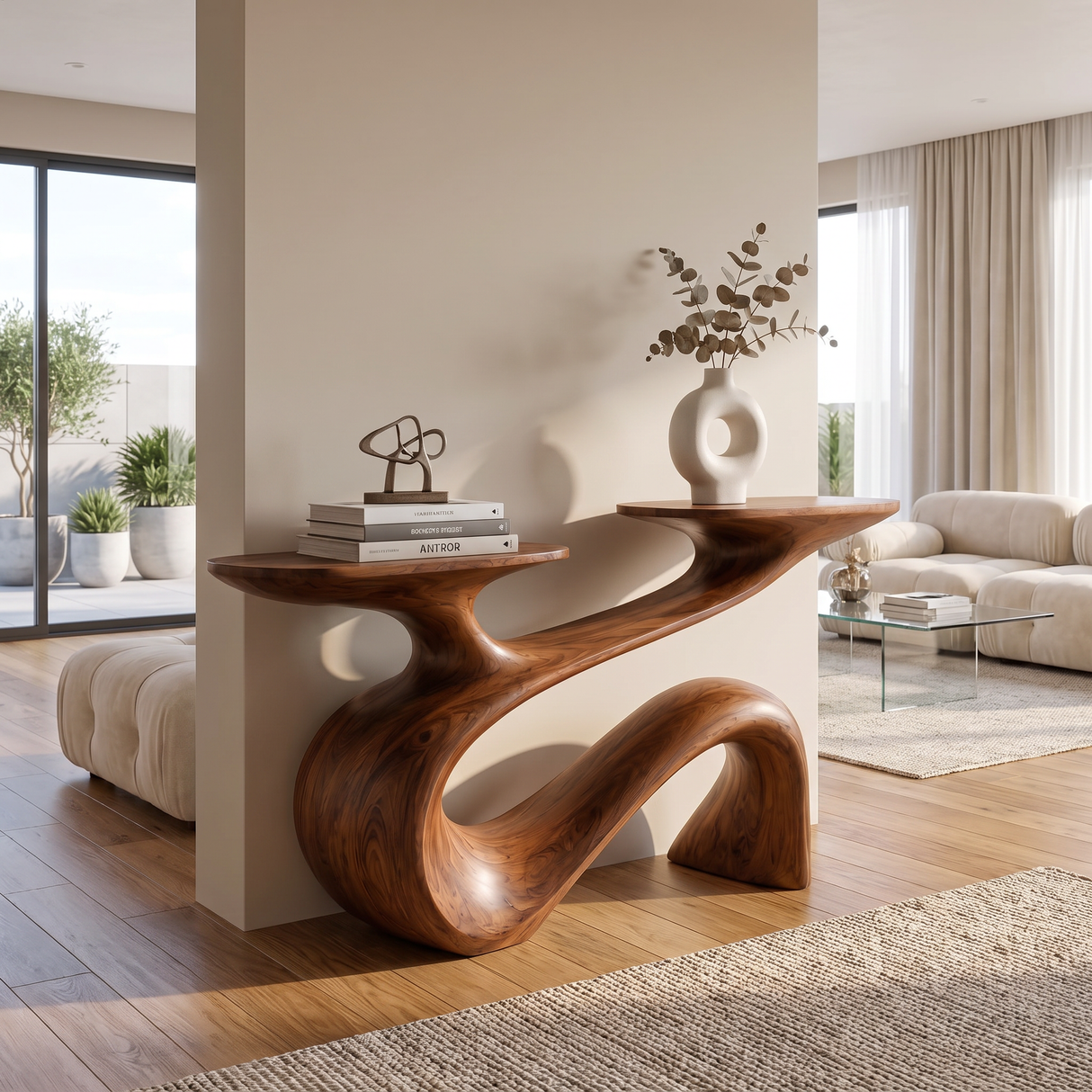 Console Table Solid Wood with Flowing Curved Base for Entryway Decor