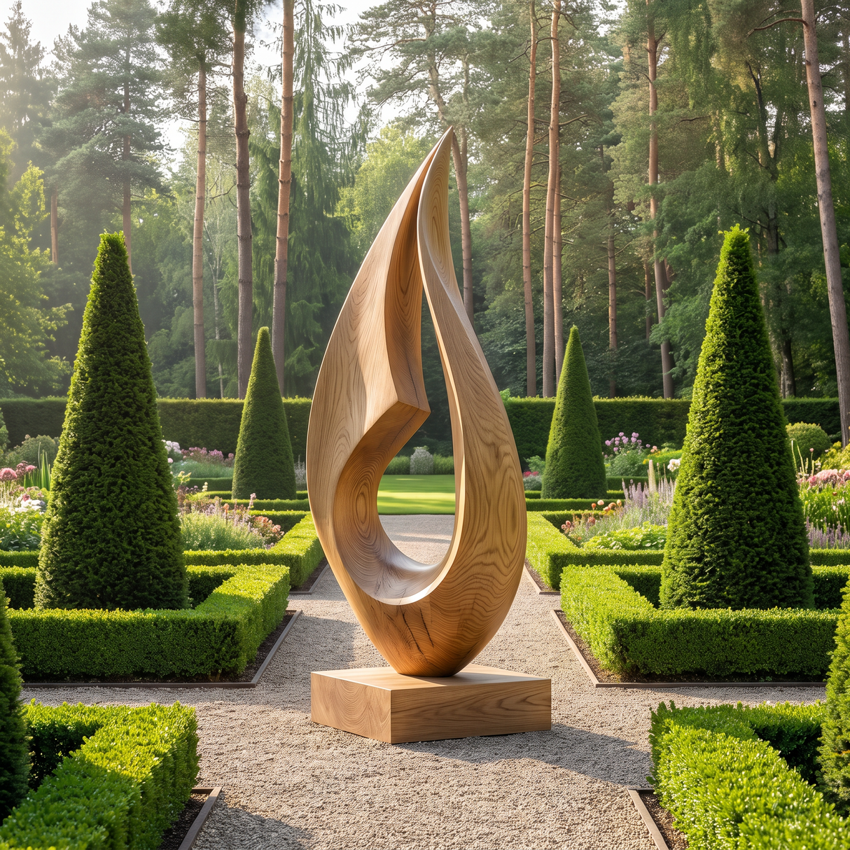 Large Outdoor Solid Wood Flame Sculpture with Plinth for Gardens, Courtyards, and Modern Landscapes