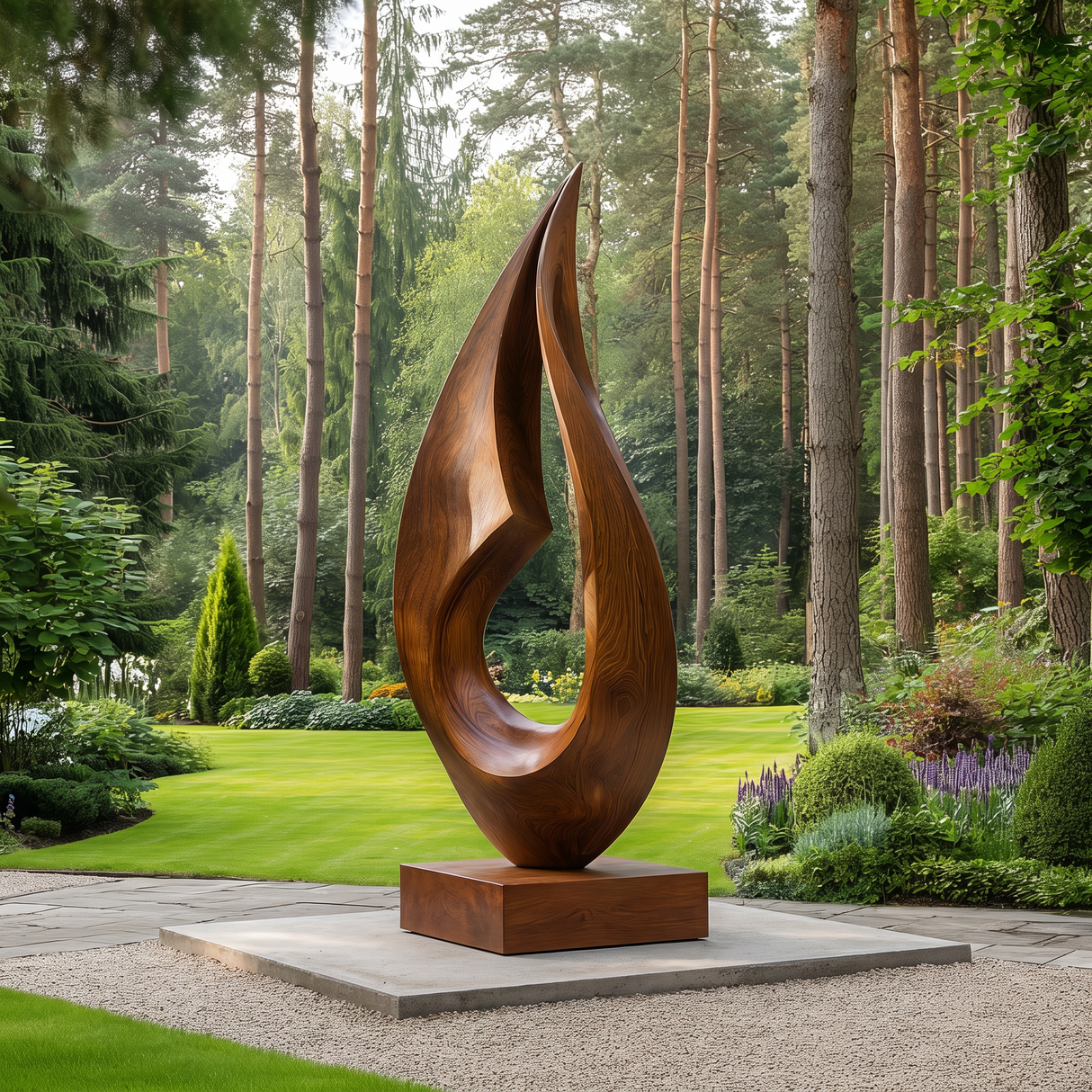 Large Outdoor Solid Wood Flame Sculpture with Plinth for Gardens, Courtyards, and Modern Landscapes