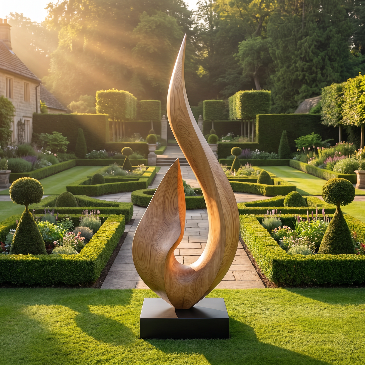 Large Outdoor Solid Wood Textured Flame Sculpture with Plinth for Gardens