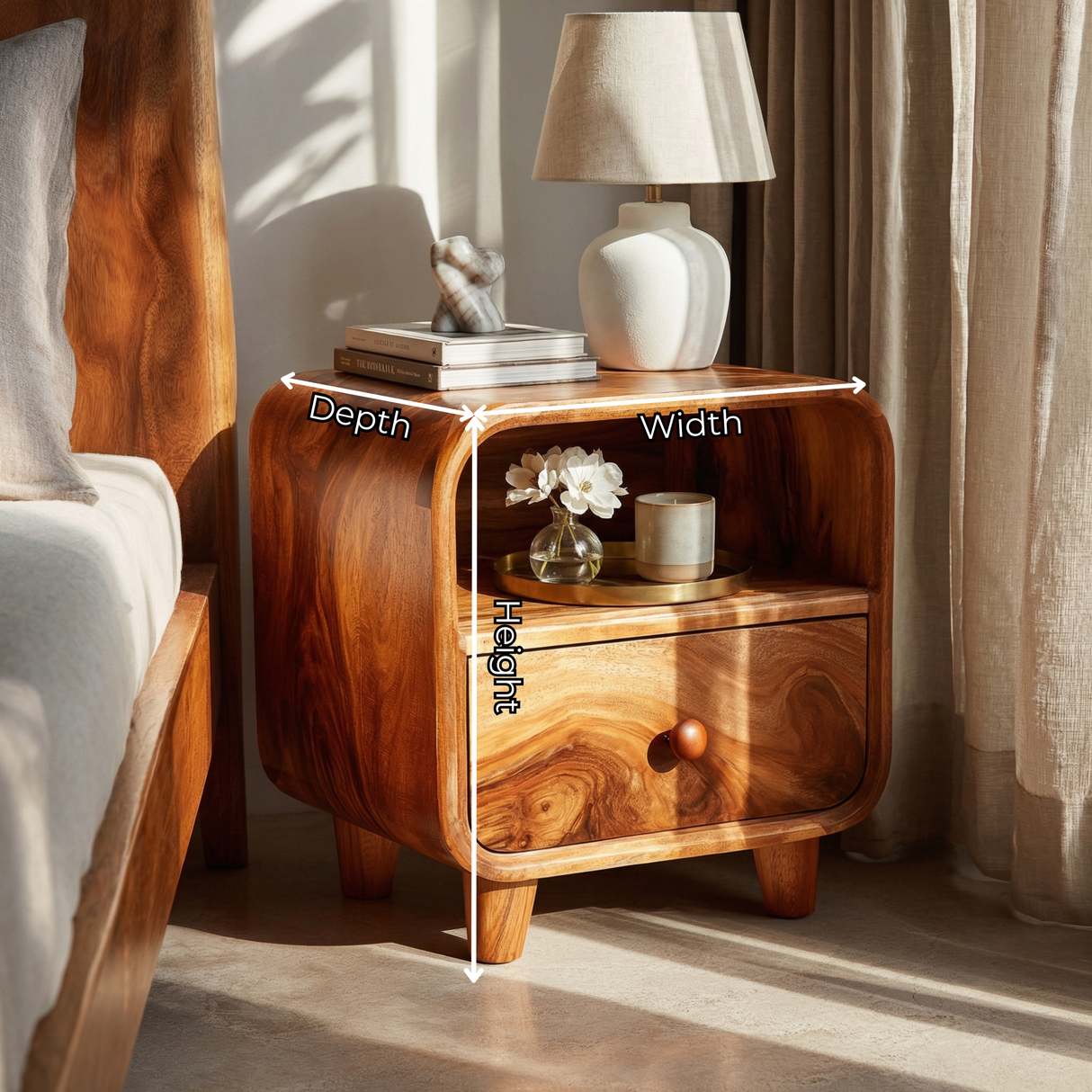 Handcrafted Solid Wood Bedside Table with Open Upper Shelf and Lower Drawer Storage