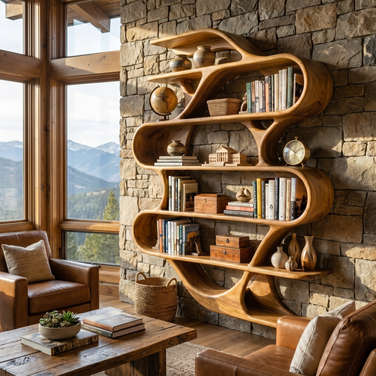 Sculptural Solid Wood Wall Mounted Bookshelf with Flowing Wave Shelves