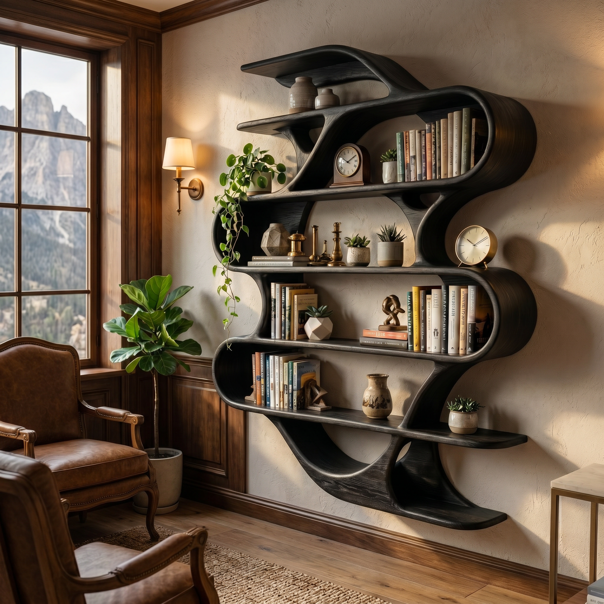 Sculptural Solid Wood Wall Mounted Bookshelf with Flowing Wave Shelves