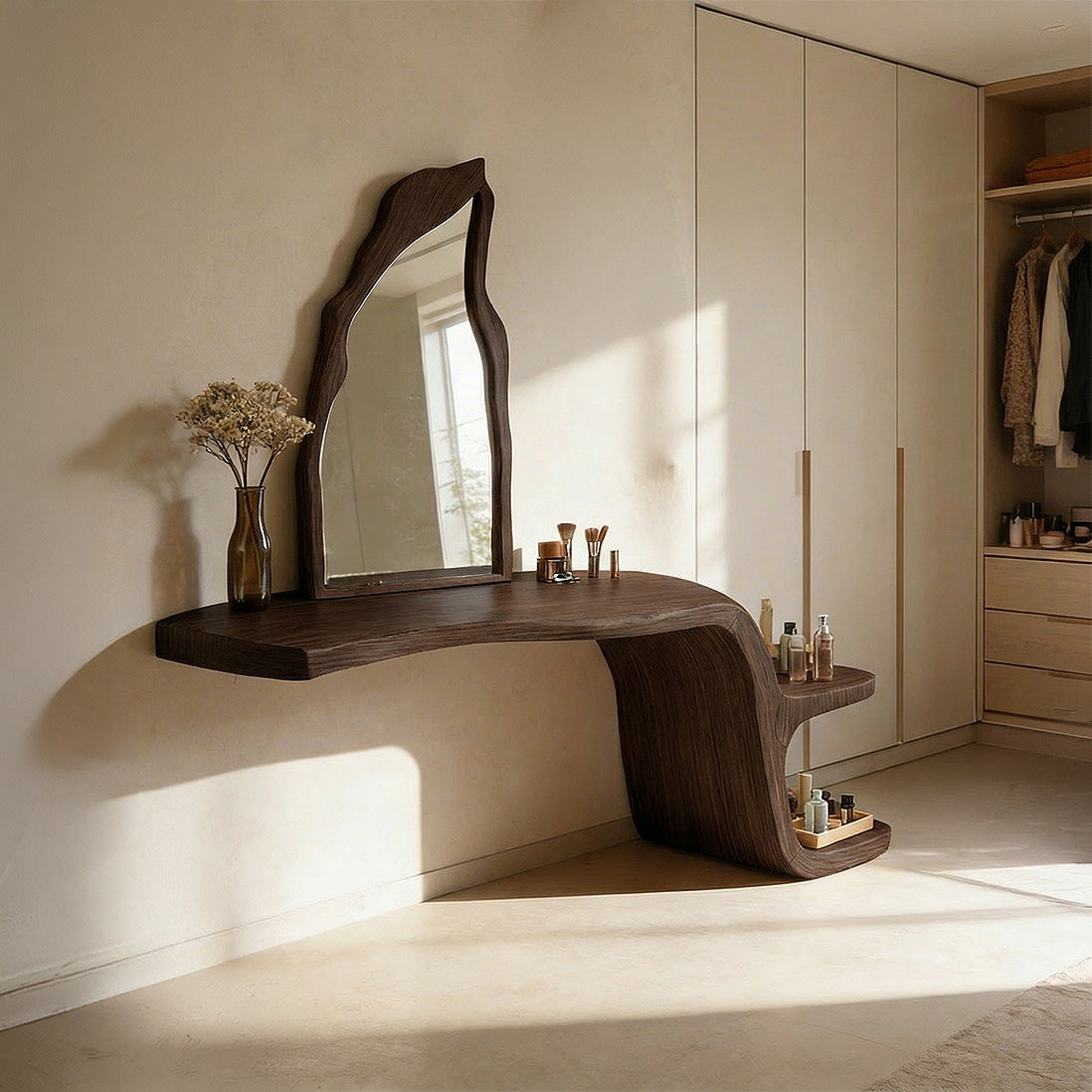 Live Edge Solid Wood Floating Vanity Table with Organic Sculptural Form