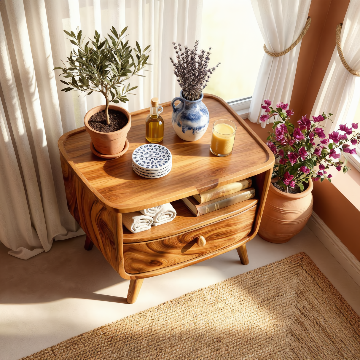 Handcrafted Solid Wood Nightstand with Open Shelf and Drawer for Bedroom