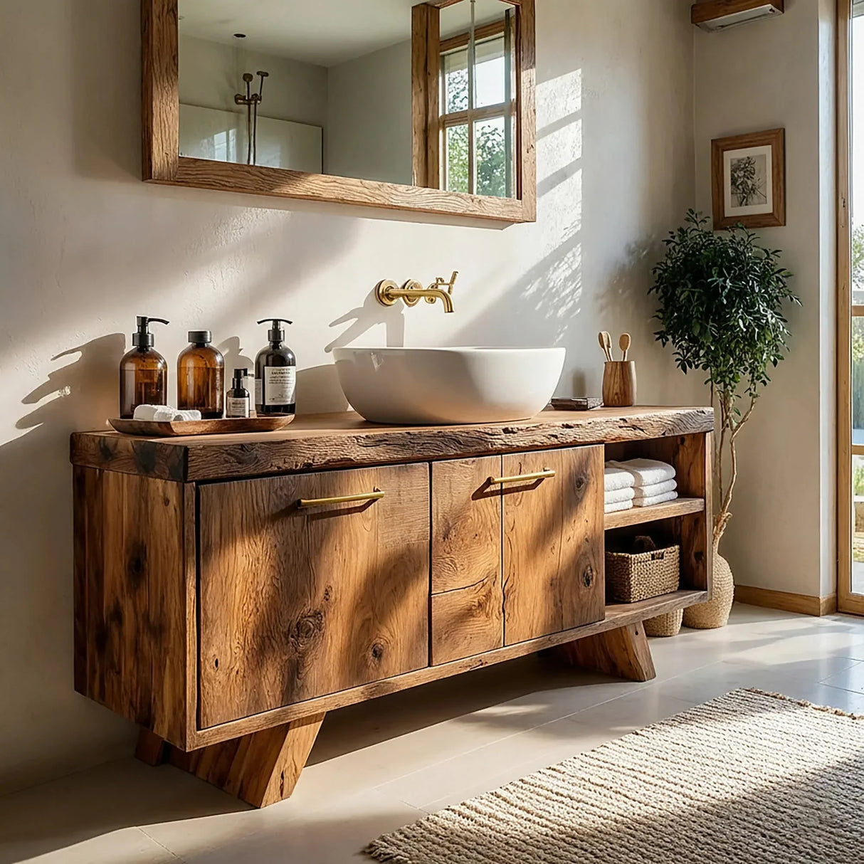 Wood Bathroom Vanity with Cabinet Doors and Open Shelf Storage