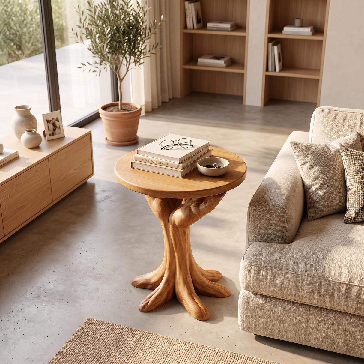 Side Table Solid Wood with Sculptural Tree Root Base for Living Room