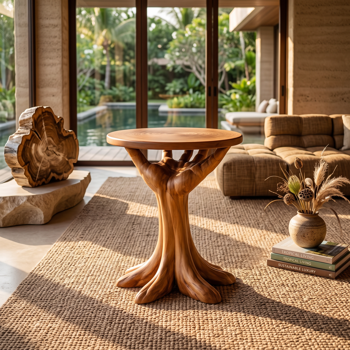Side Table Solid Wood with Sculptural Tree Root Base for Living Room