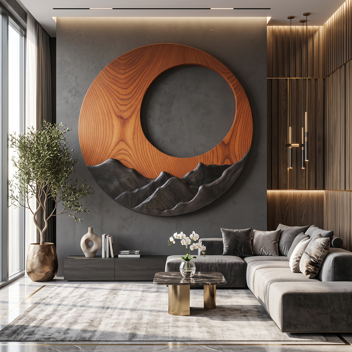 Wall Sculpture Solid Wood Round Mountain Relief for Rustic Living Room