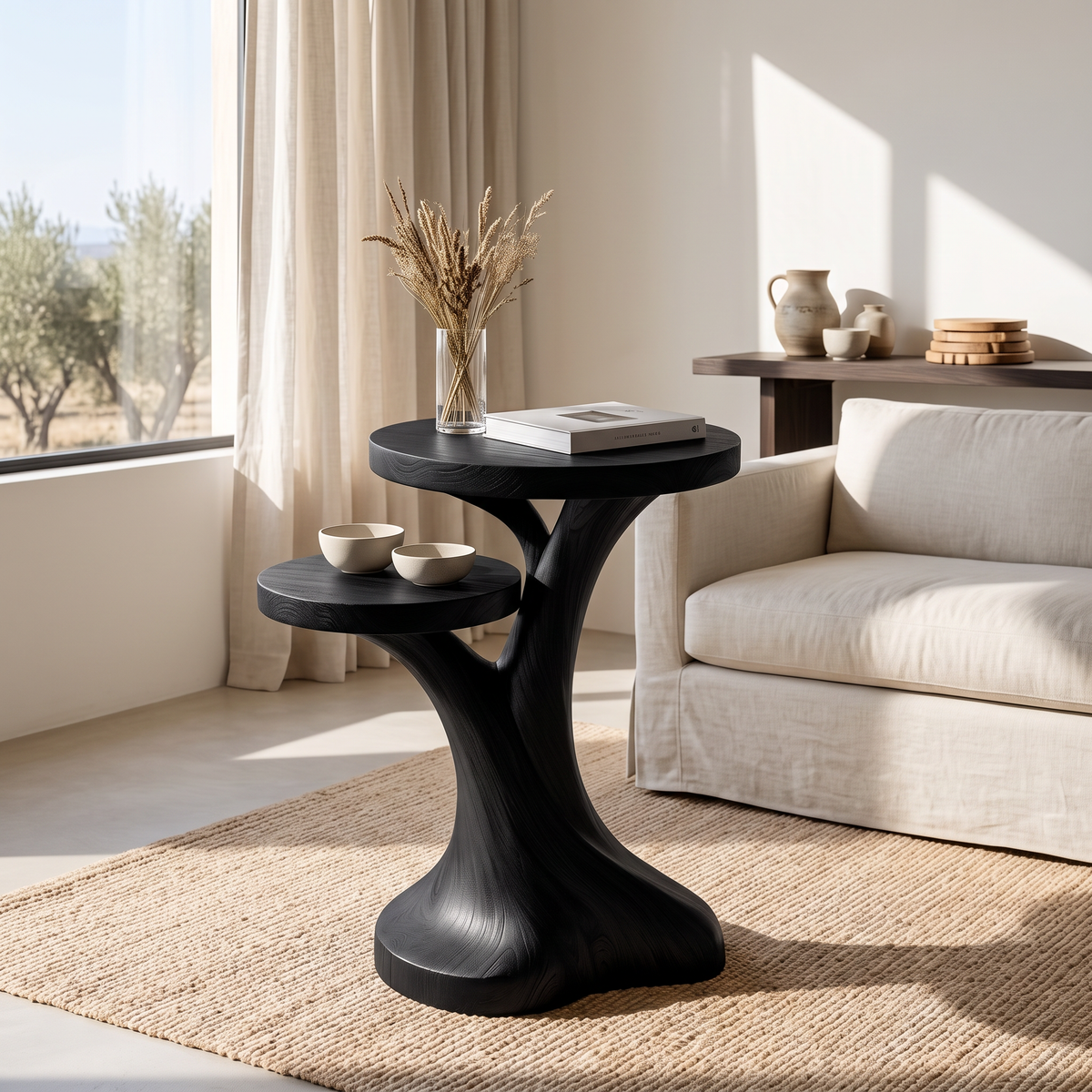 Solid Wood Two Tier Side Table Modern Sculpted Accent Piece