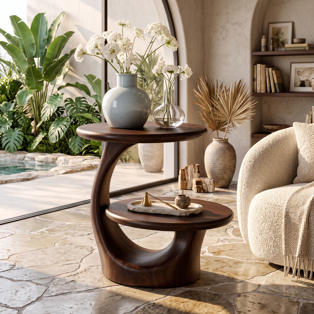 Two Tier Round Solid Wood Side Table for Living Room Decor