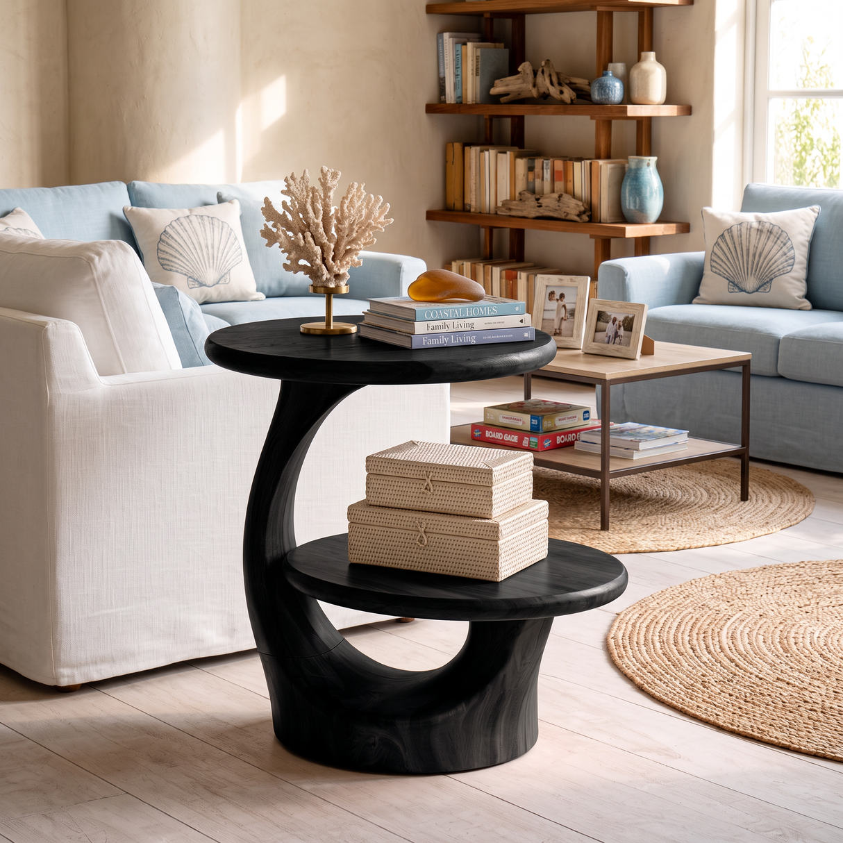 Two Tier Round Solid Wood Side Table for Living Room Decor