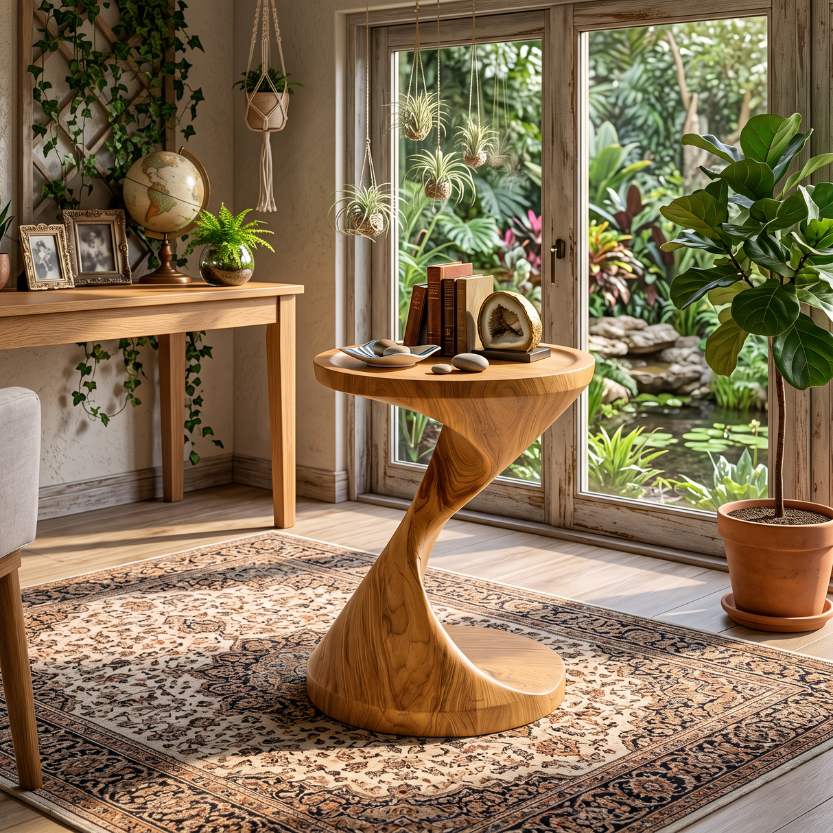 Spiral Pedestal Solid Wood Side Table with Tray Top for Living Room Decor
