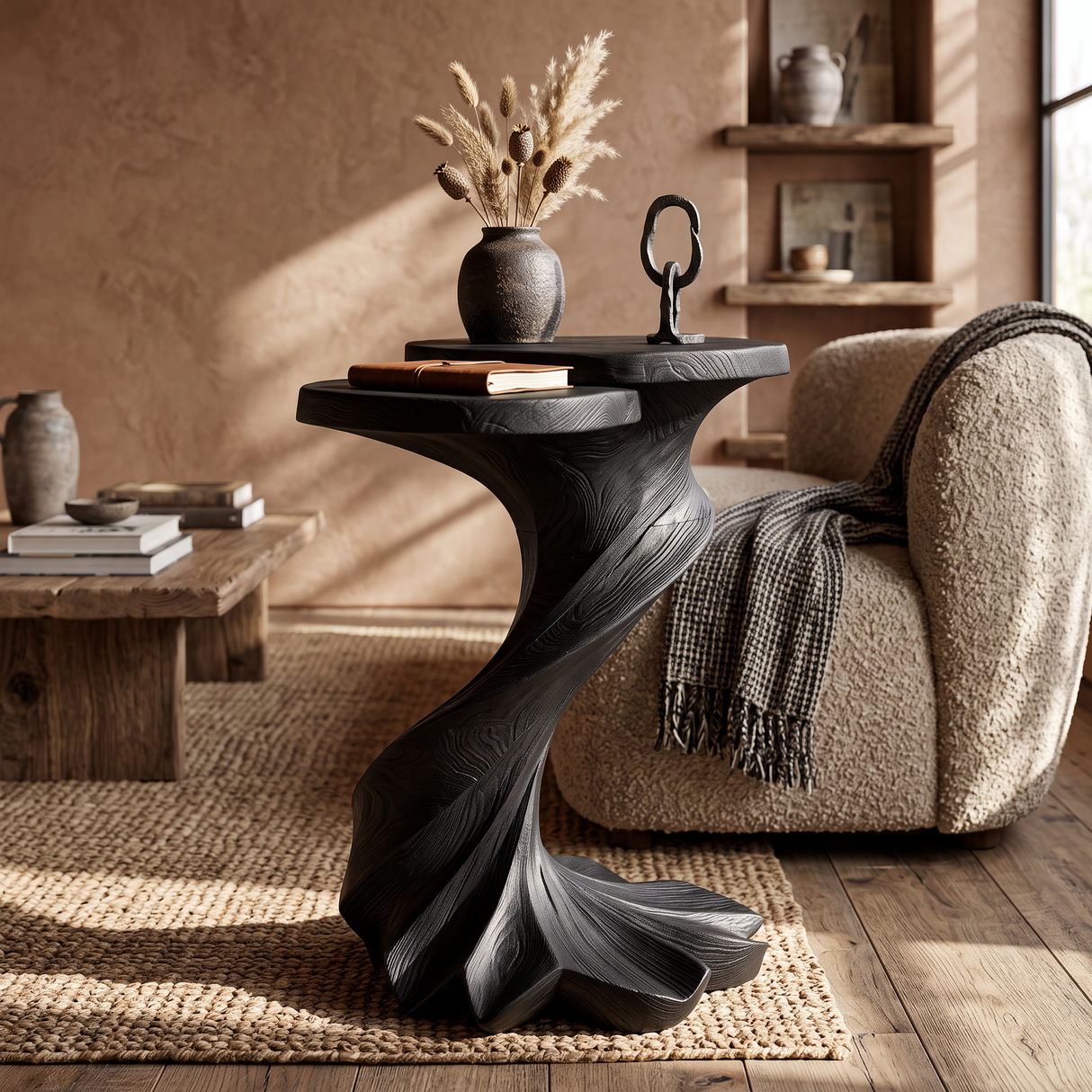 Hand-Carved Twisted Solid Wood Accent Table