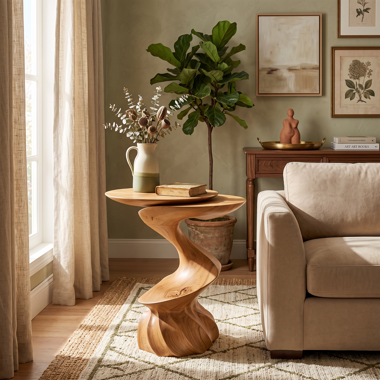 Twisted Sculptural Solid Wood Side Table