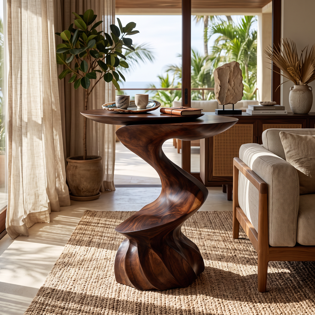 Twisted Sculptural Solid Wood Side Table
