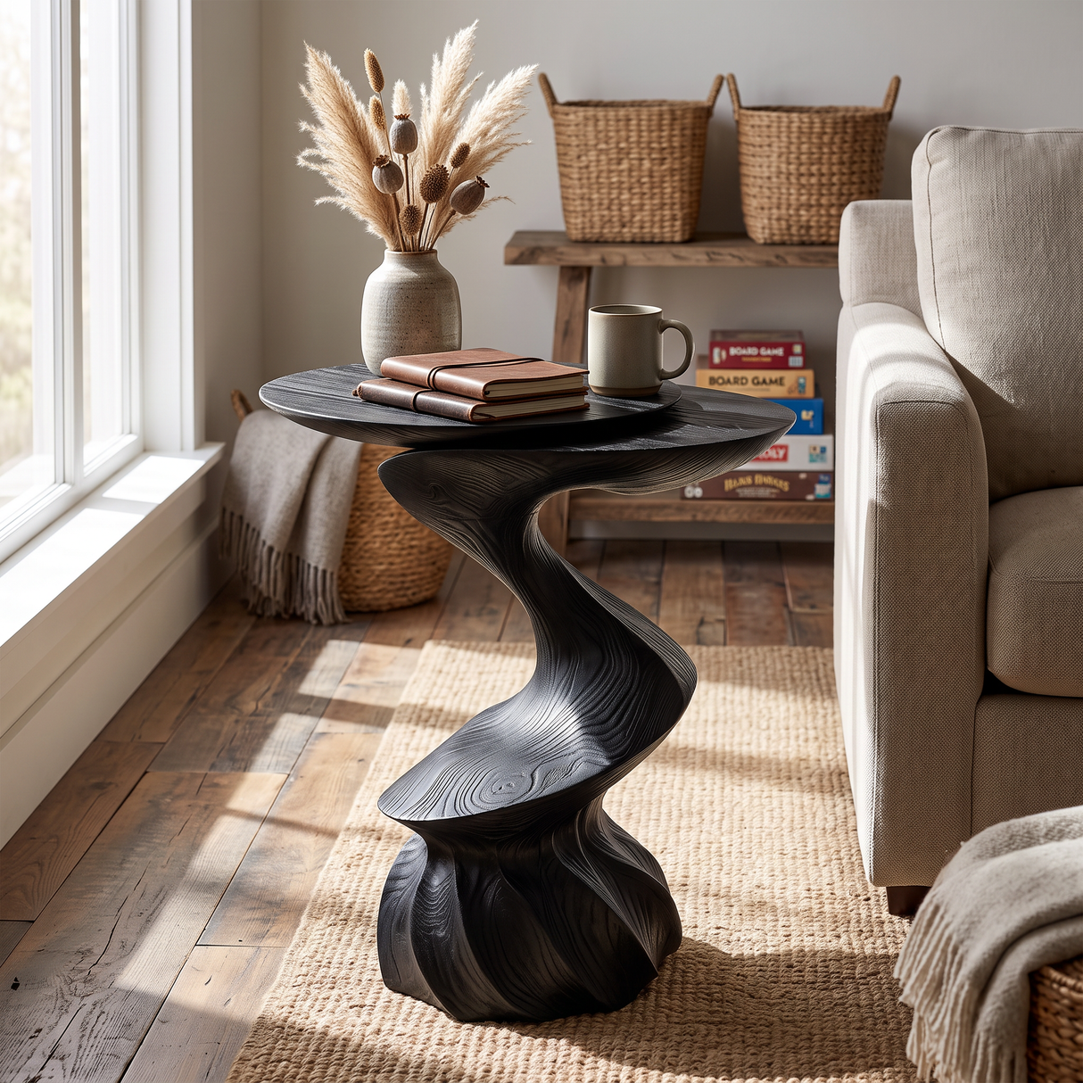 Twisted Sculptural Solid Wood Side Table