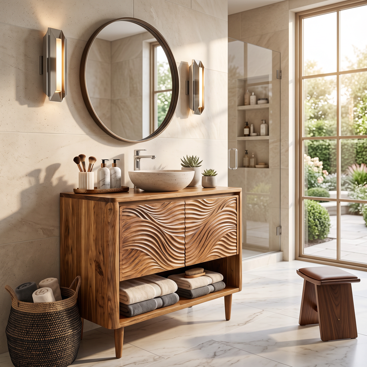 Bathroom Vanity Solid Wood with Carved Ripple Cabinet and Open Shelf for Powder Room