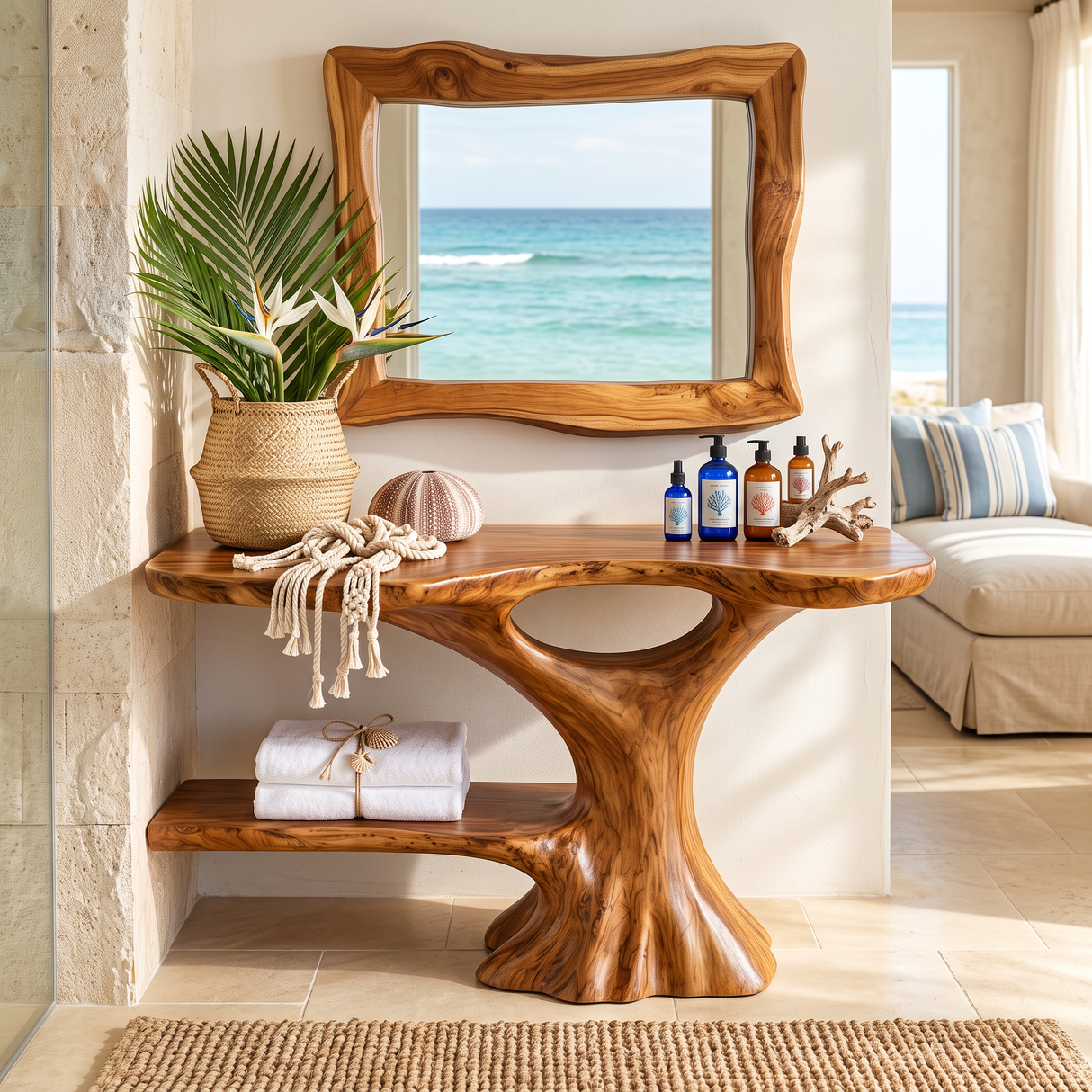 Bathroom Vanity Solid Wood with Organic Trunk Pedestal and Side Shelf