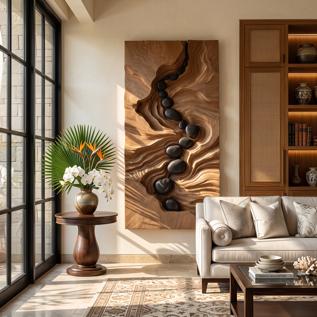 Wall Sculpture Solid Wood River Flow Carved Panel for Living Room