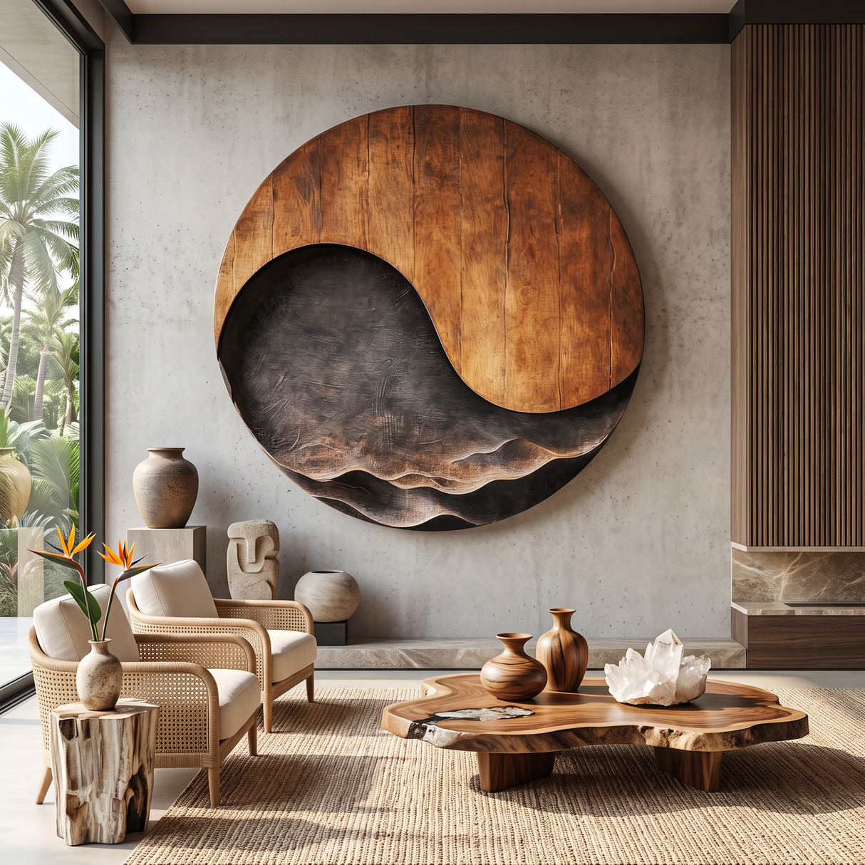 Large Abstract Solid Wood Wall Sculpture with Wave Relief for Modern Living Rooms