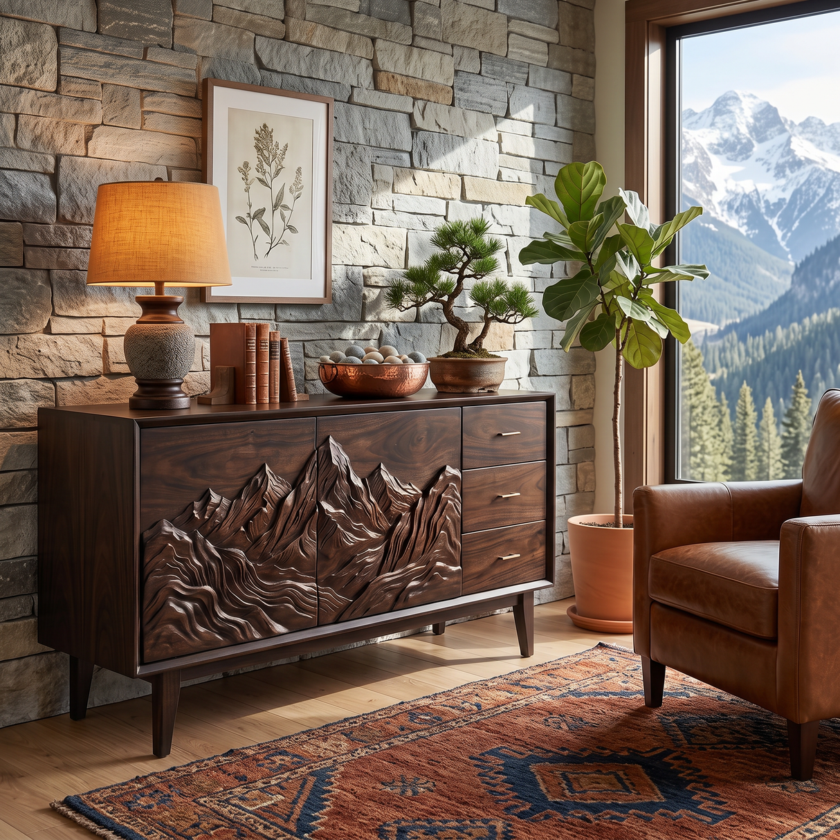 Handcrafted Solid Wood Mountain Carved Sideboard with Drawers and Cabinet Storage