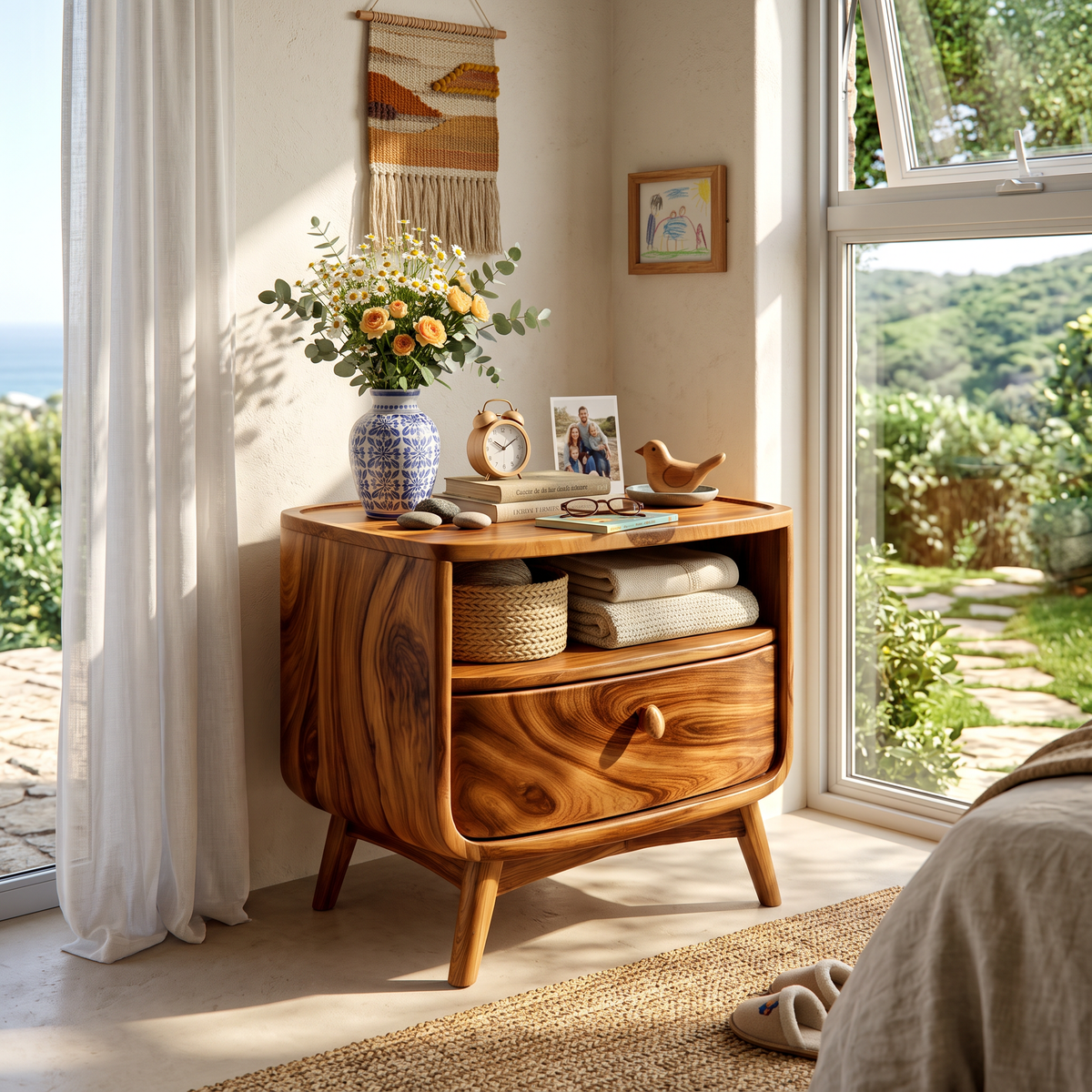 Handcrafted Solid Wood Nightstand with Open Shelf and Drawer for Bedroom