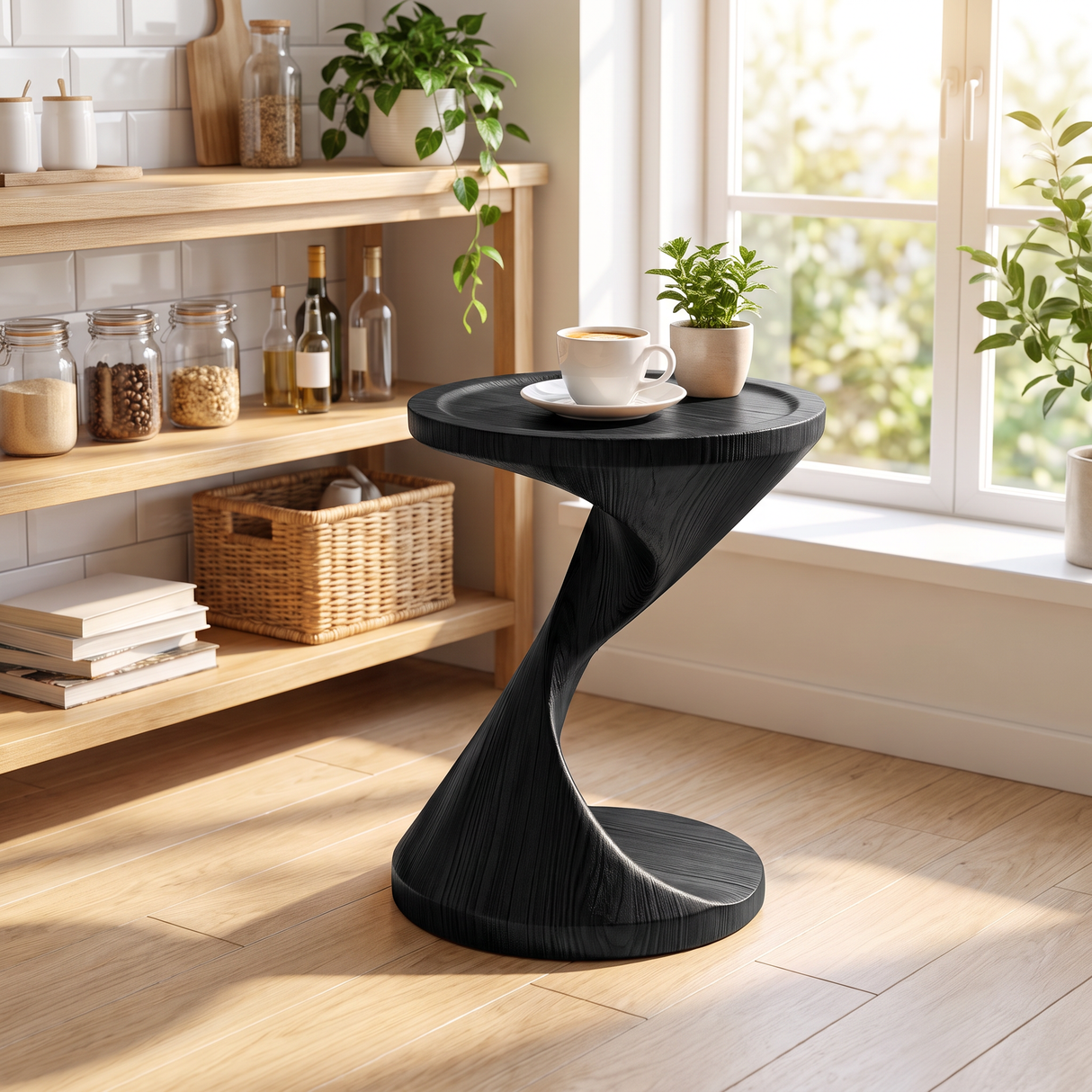 Spiral Pedestal Solid Wood Side Table with Tray Top for Living Room Decor