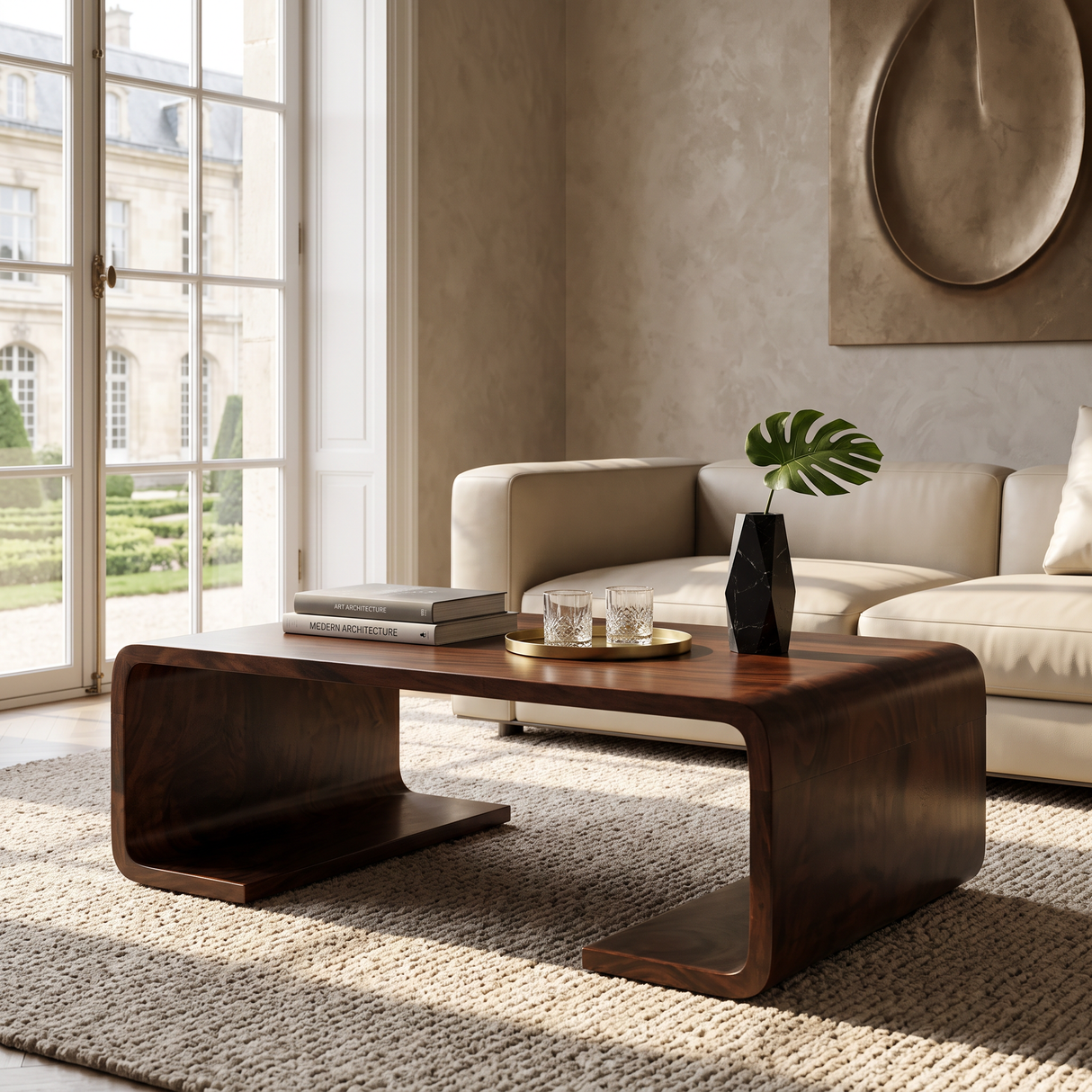 Solid Wood Coffee Table with Waterfall Form and Open Shelf