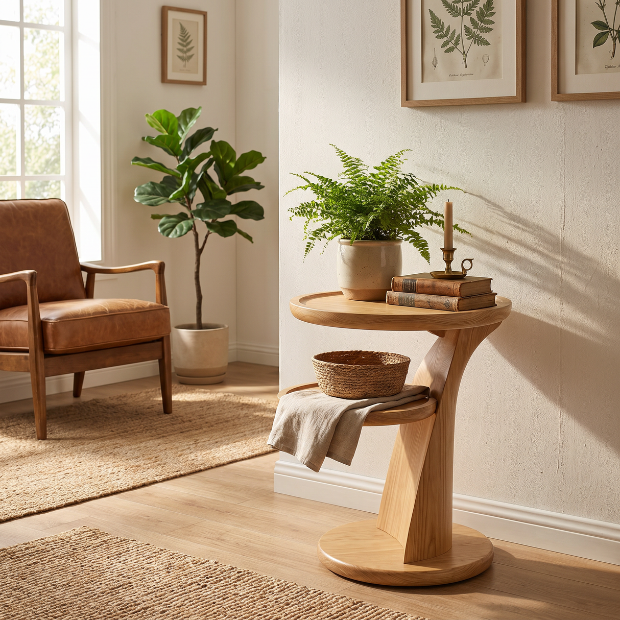 Side Table Solid Wood with Dual Tier Sculptural Pedestal