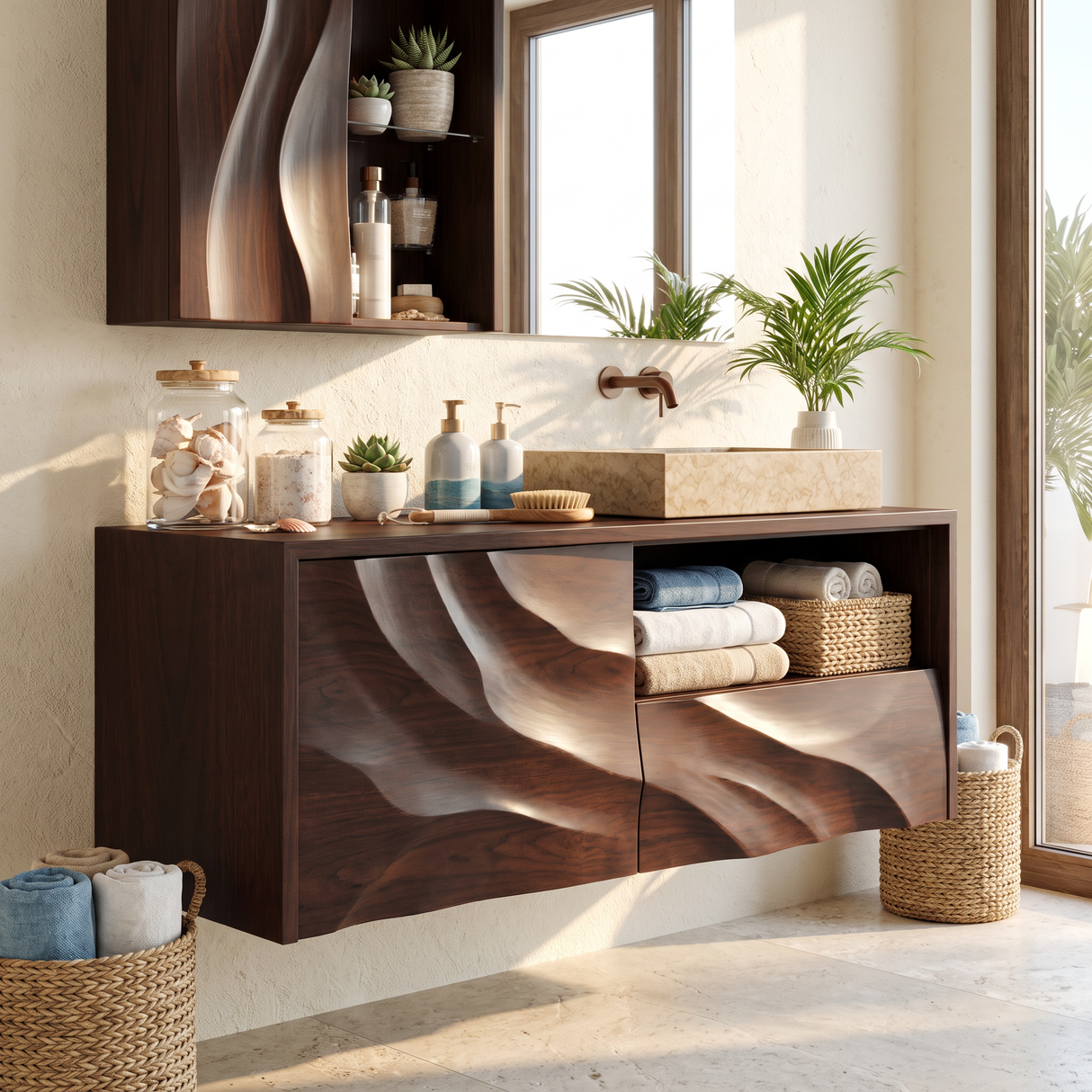Floating Bathroom Vanity Solid Wood with Layered Organic Relief