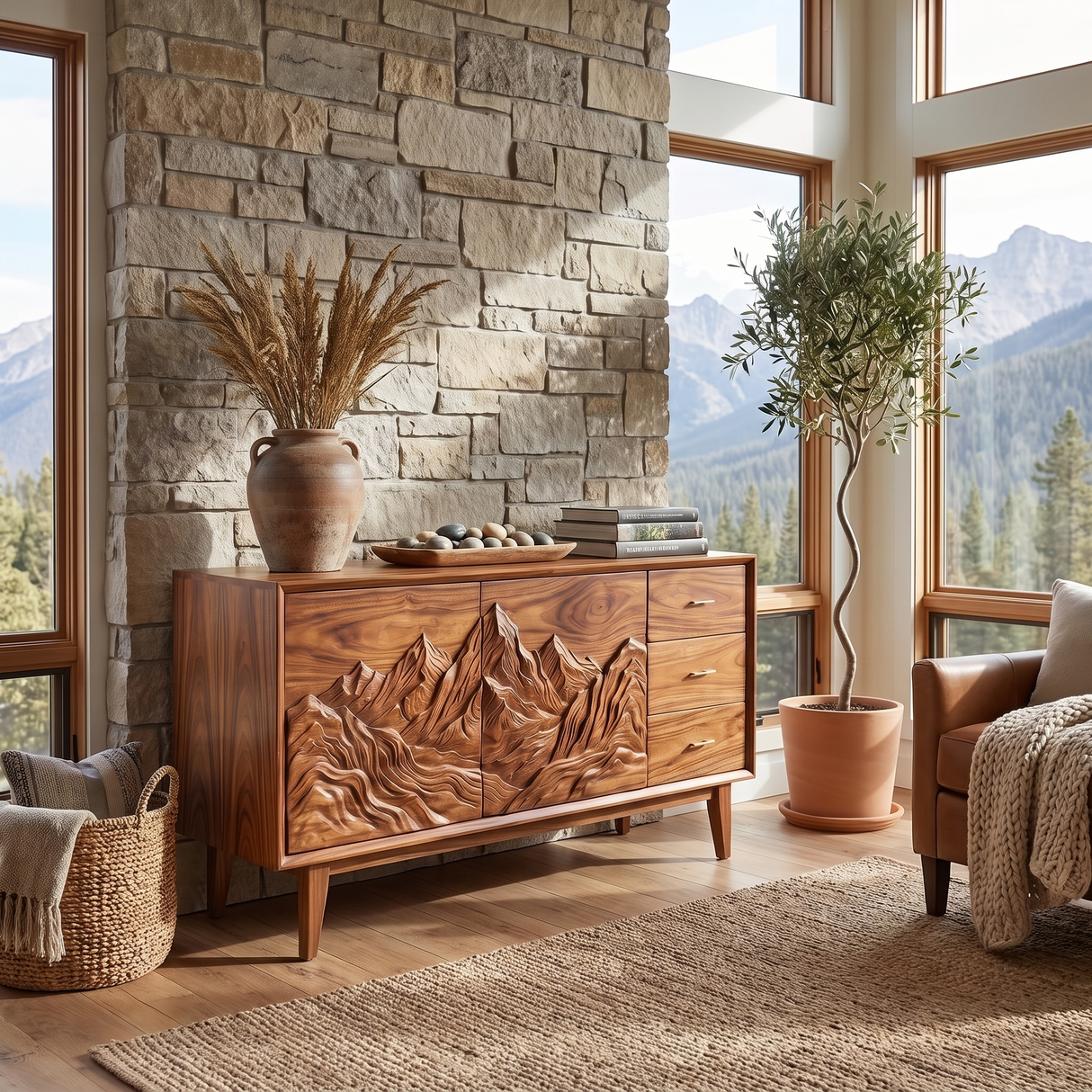 Handcrafted Solid Wood Mountain Carved Sideboard with Drawers and Cabinet Storage