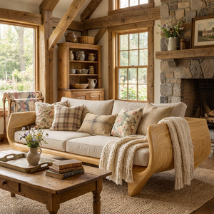 Solid Wood Sofa with Sculptural Panel Arms for Reading Room and Library Interior