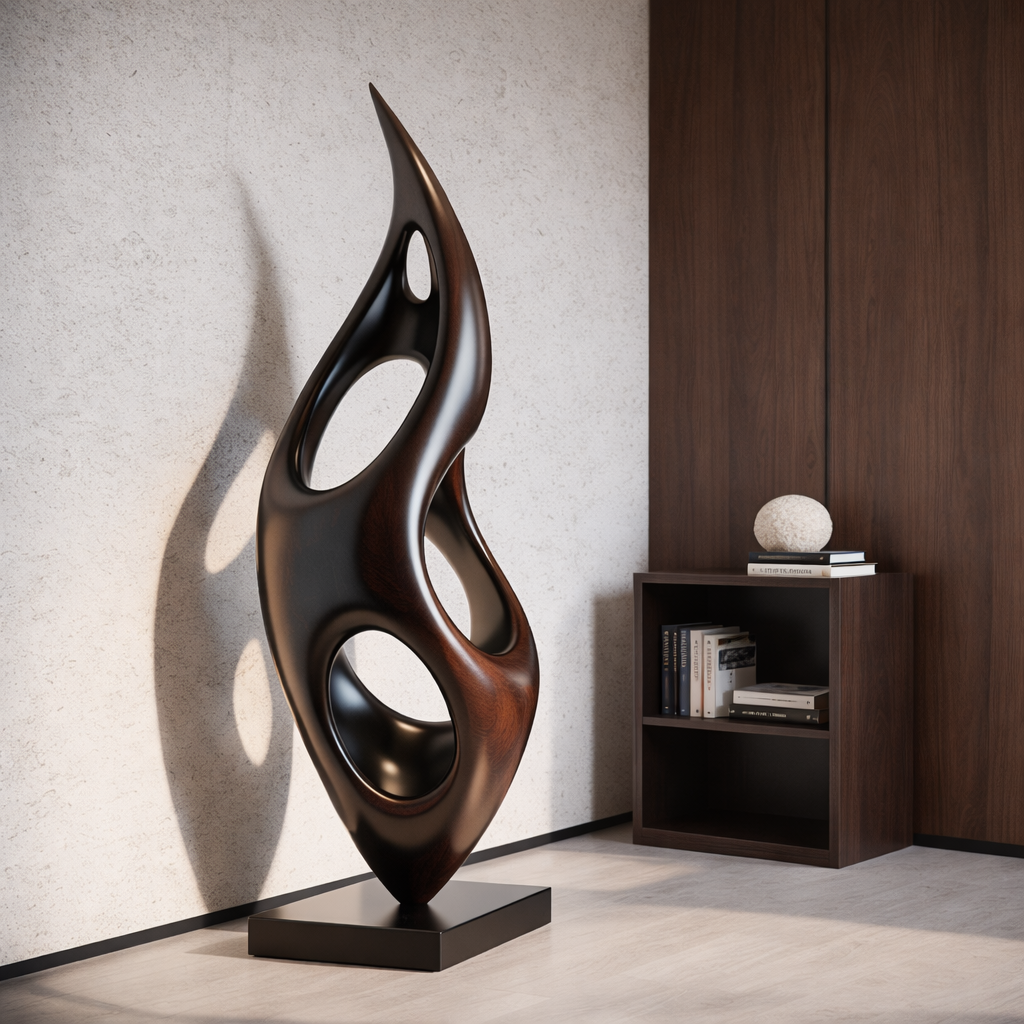Solid Wood Openwork Flame Sculpture with Plinth for Modern Living Rooms and Lobby Spaces