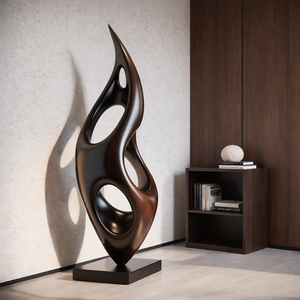 Solid Wood Openwork Flame Sculpture with Plinth for Modern Living Rooms and Lobby Spaces
