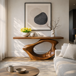 Wave Arch Sculptural Solid Wood Console Table with Hollow Asymmetric Base