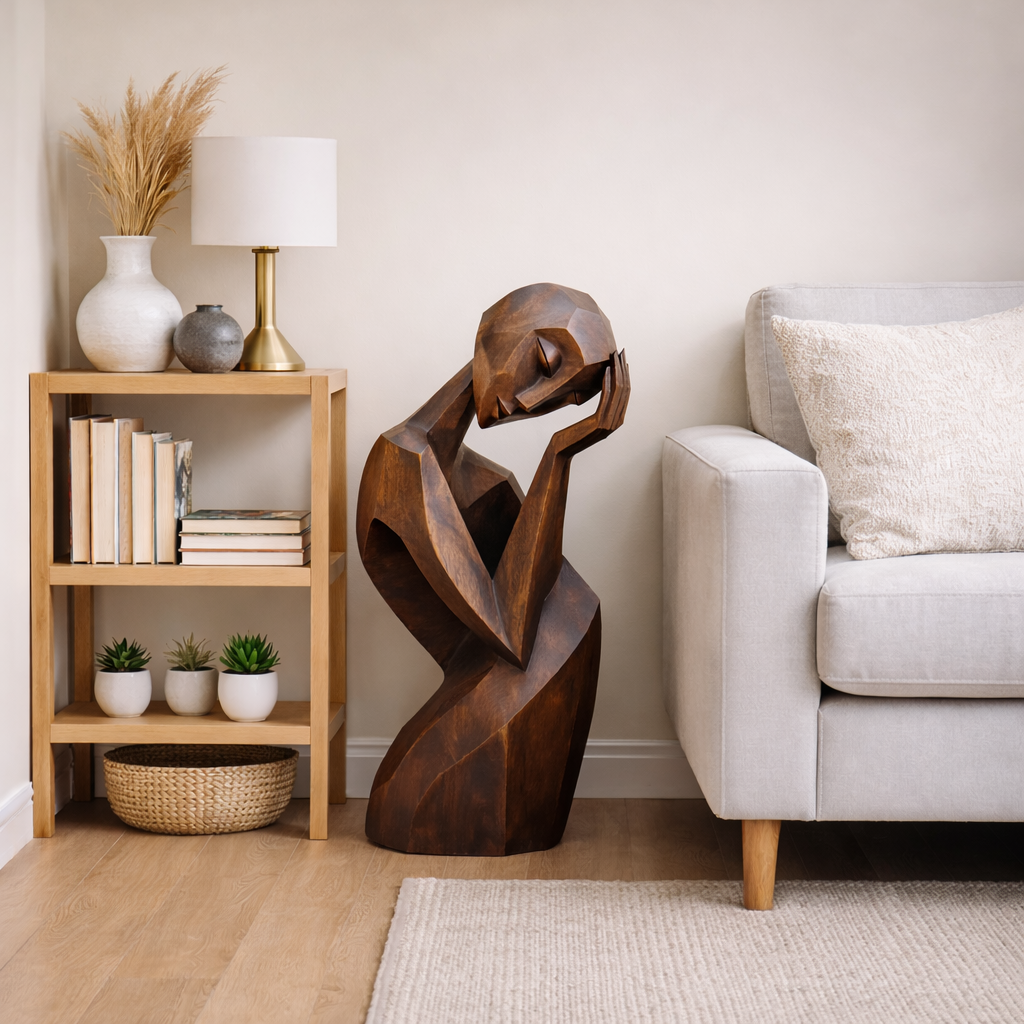 Solid Wood Abstract Resting Figure Floor Sculpture for Modern Interiors and Covered Outdoor Spaces