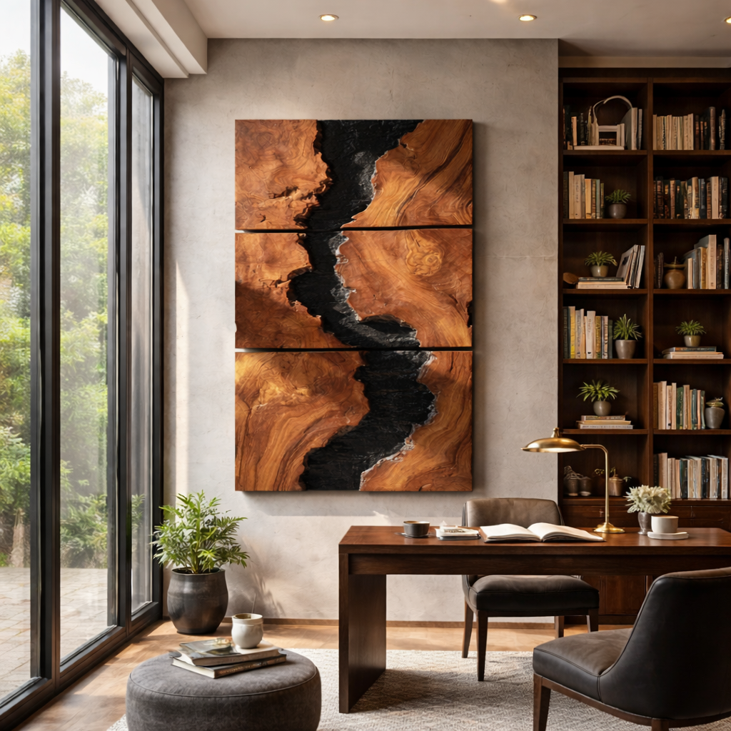 Large Solid Wood River Triptych Wall Sculpture for Modern Interiors