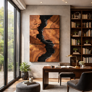 Large Solid Wood River Triptych Wall Sculpture for Modern Interiors