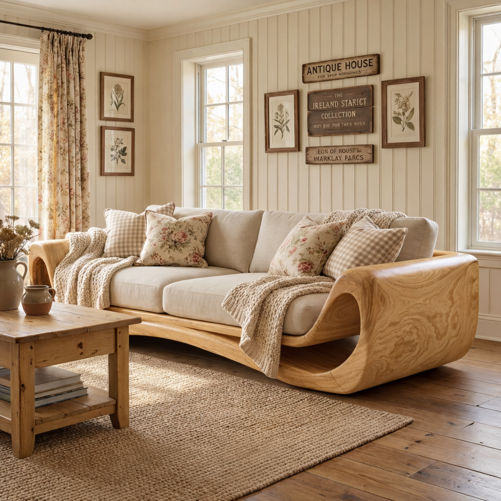 Solid Wood Curved Frame Sofa with Sculptural Wrapped Sides for Home Library