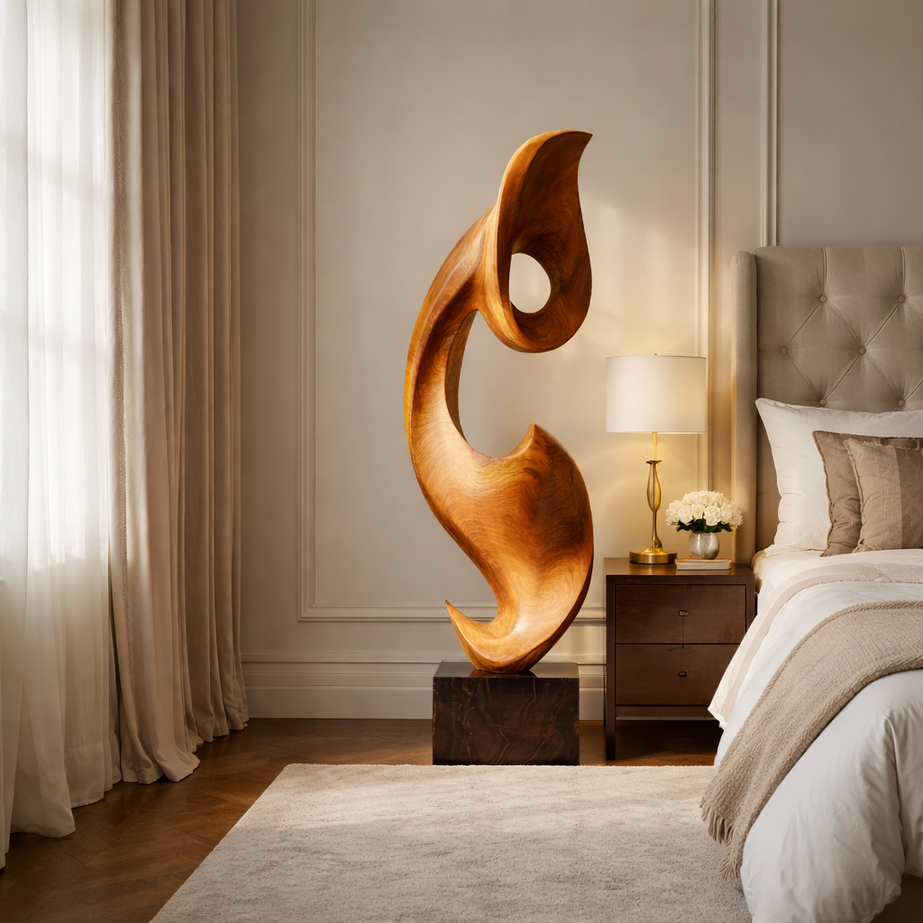 Tall Solid Wood Abstract Floor Sculpture with Plinth for Modern Interiors