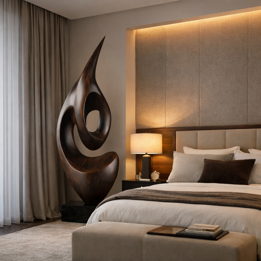 Organic Solid Wood Abstract Flame Sculpture for Living Rooms