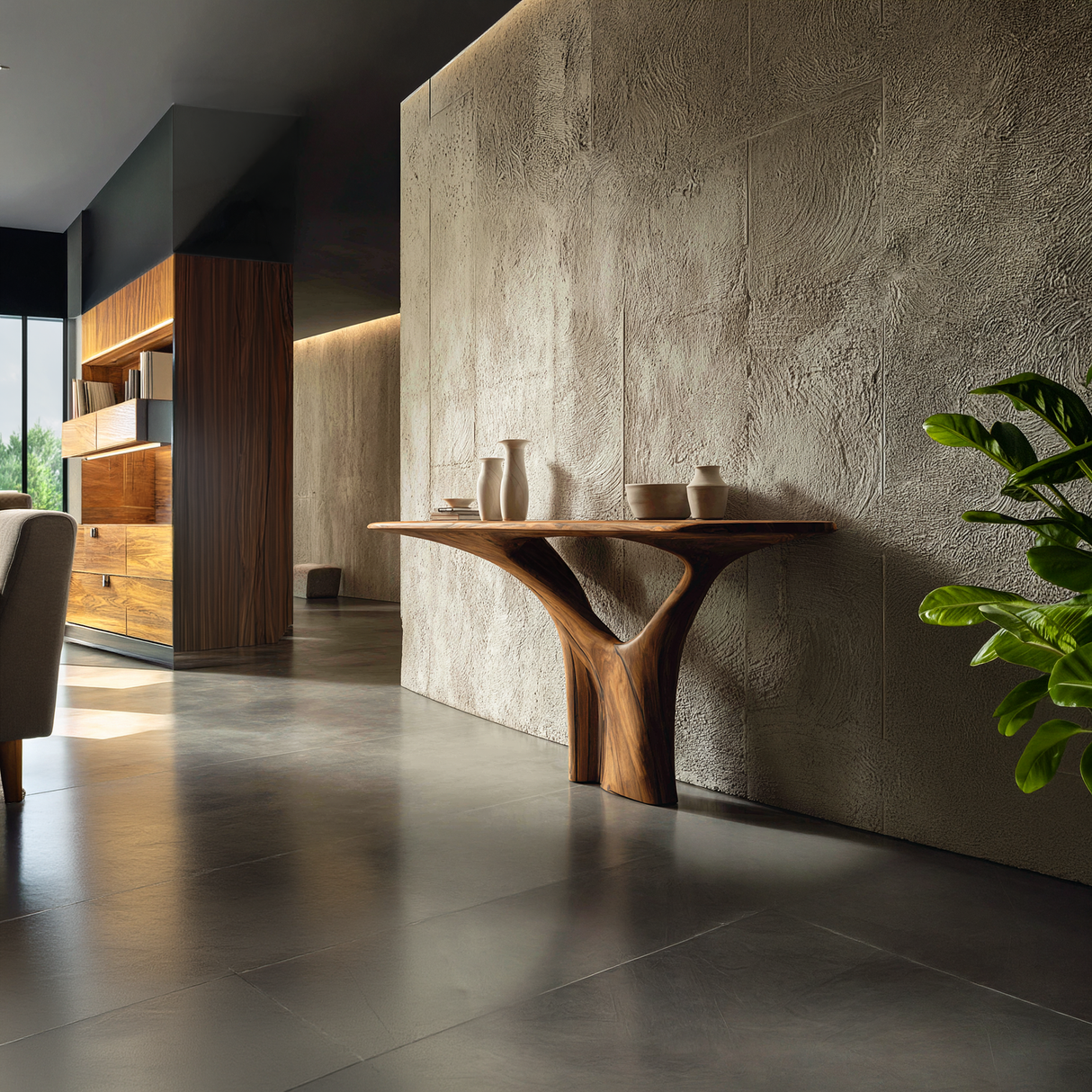 Solid Wood Sculptural Console Table with Tree Base