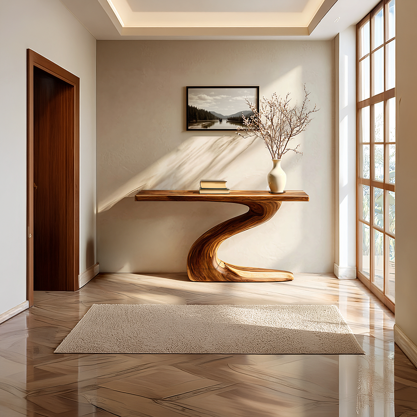 Floating Solid Wood Console Table with Curved Sculptural Base