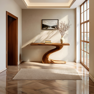 Floating Solid Wood Console Table with Curved Sculptural Base