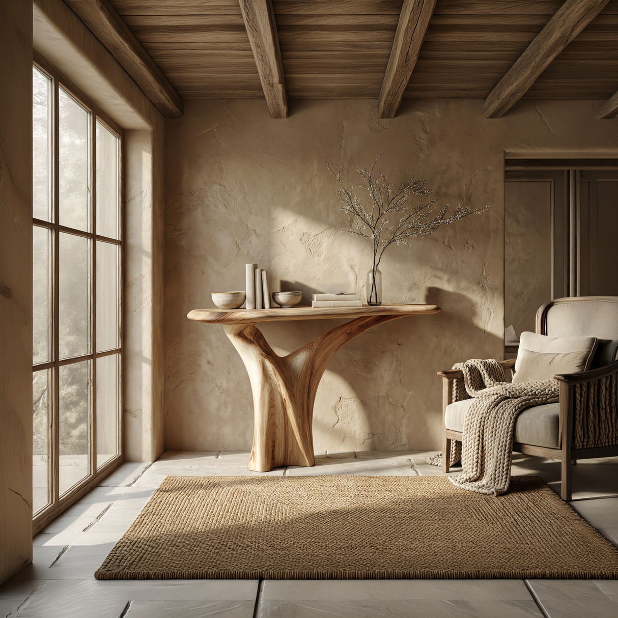 Organic Solid Wood Console Table with Sculpted Pedestal Base