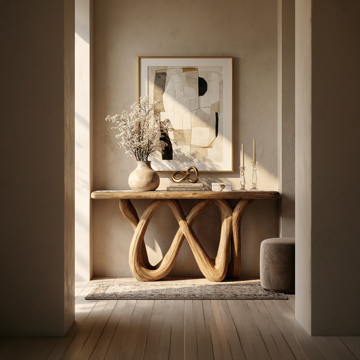 Wave Sculpted Solid Wood Console Table in Natural Oak Finish