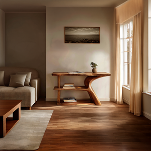 Modern Solid Wood Console Table with Sculpted Side Panel and Shelf