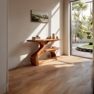 Sculptural Solid Wood Console with Integrated Shelf