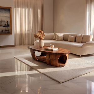 Solid Wood Oval Coffee Table with Sculptural Base